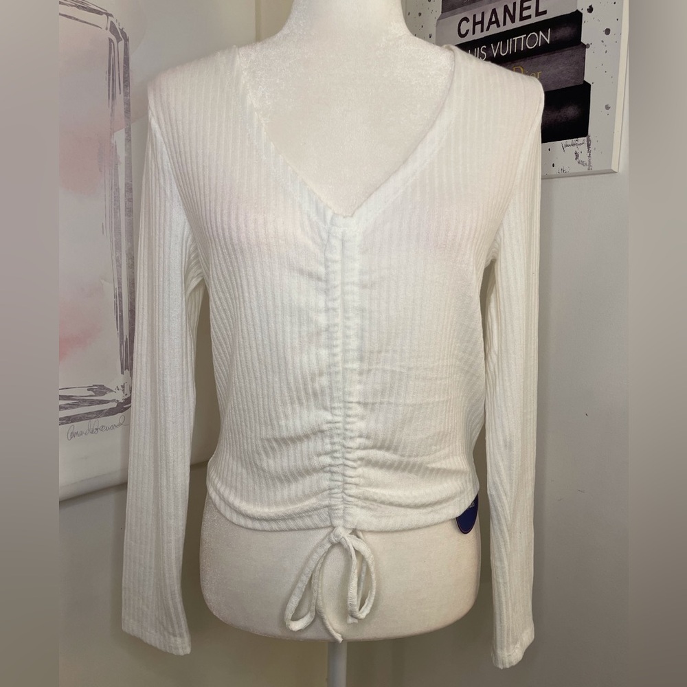 Sweatyrocks Long Sleeve Ribbed Knit Ruched Top White Size Large